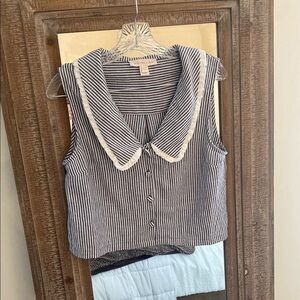 Monteau Striped Sleeveless Blouse with Peter Pan Collar